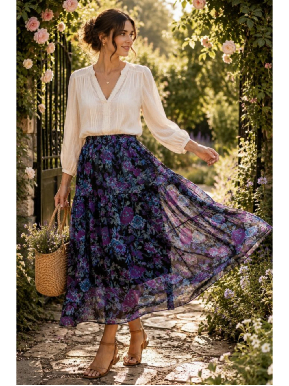 Linea by Louis Dell'Olio Purple Blue Floral Chiffon Midi Skirt Elastic Waist M